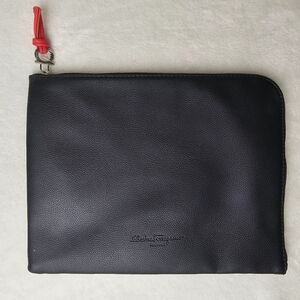 Salvatore Ferragamo Black Vegan Leather Pouch Red Trim Toiletry Travel Case